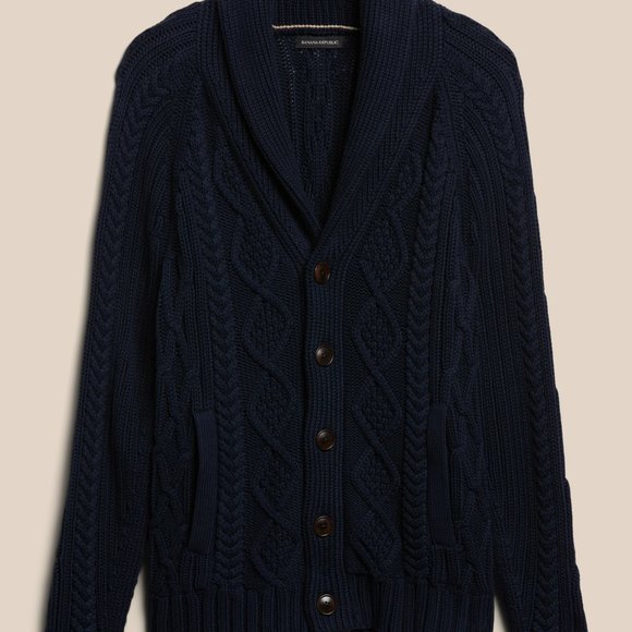 BANANA REPUBLIC SHAWL-COLLAR CHUNKY CABLE KNIT ORGANIC COTTON CARDIGAN - Picture 2 of 11